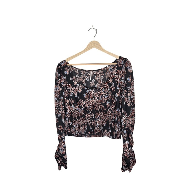 Free People Tops - Free People Dark Floral Smocked Crop Top Square Neck Balloon Sleeve Women's L